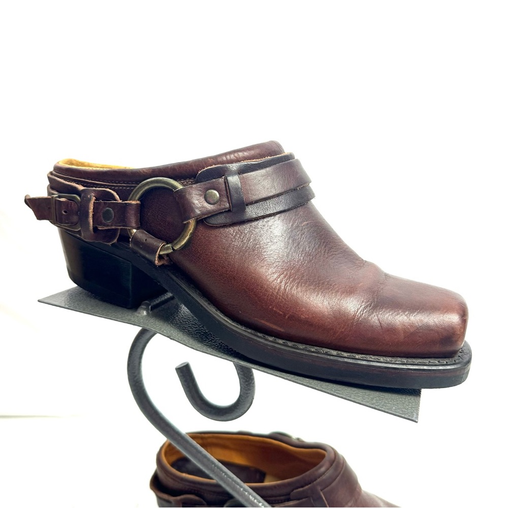 Frye Brown Buckled Harness Square Toe Mules Boots Shoes Size 8.5